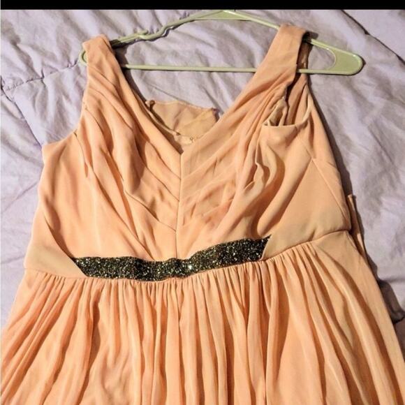 David's Bridal Long antique pink colored gown with rocky gunmetal gray trim wais - Picture 5 of 7